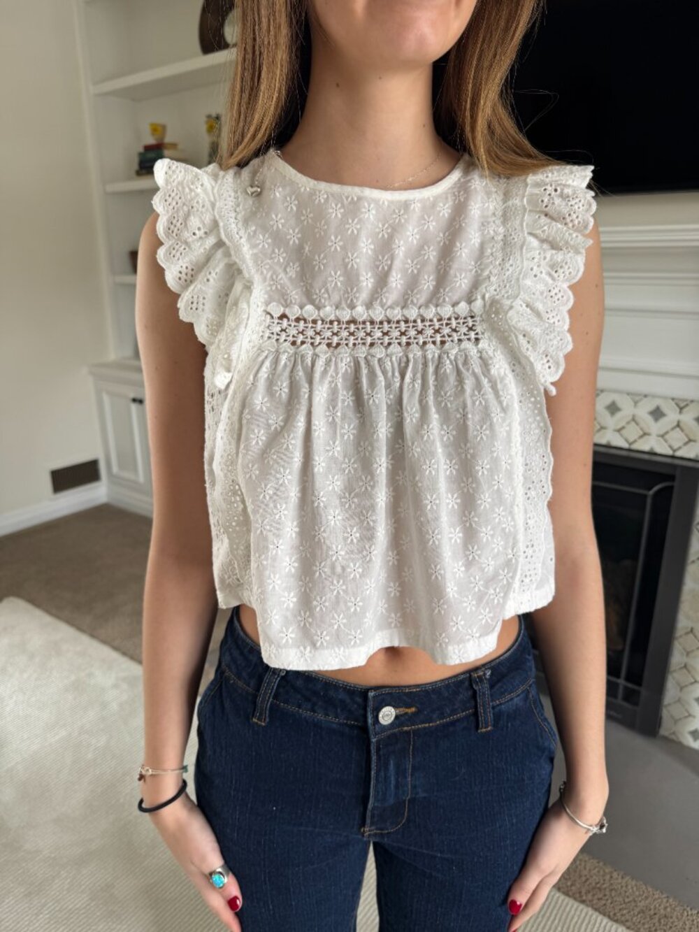 ALTAR'D STATE Sleeveless White Cotton Lace Shirt